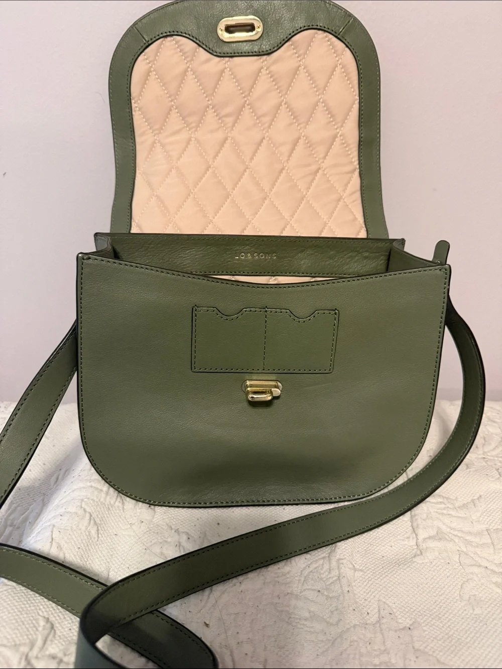Lo & Sons Olive Green Leather Saddle Crossbody with Gold Hardware